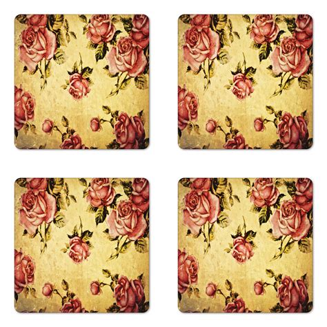 Rose Coaster Set Of 4 Old Fashioned Victorian Style Pattern Dramatic Color Bohemian Art Design