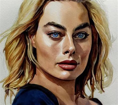 A Realistic Portrait Of Margot Robbie Watercolor Art Stable