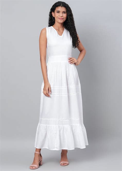 Get White Solid Gathered Maxi Dress at ₹ 828 | LBB Shop