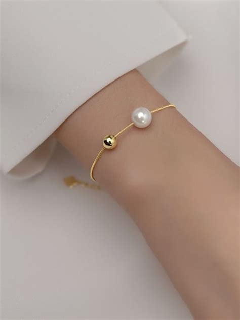 Sterling Silver Imitation Pearl Round Minimalist Link Bracelet