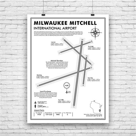 MKE, Mitchell International Airport, Airport Map Art, Airport Code Art