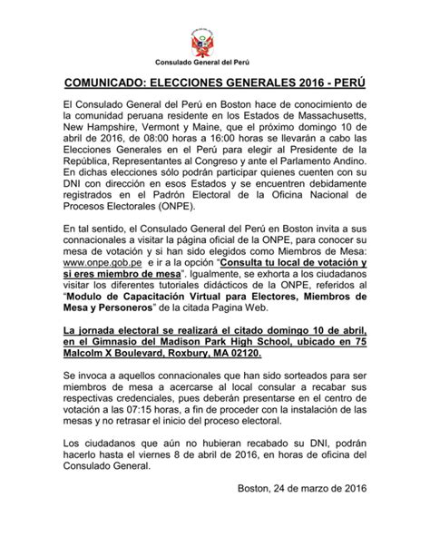 COMUNICADO ELECCIONES GENERALES 2016