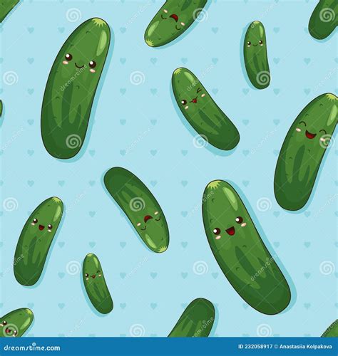 Smiling And Laughing Cute Cartoon Cucumbers Seamless Background With