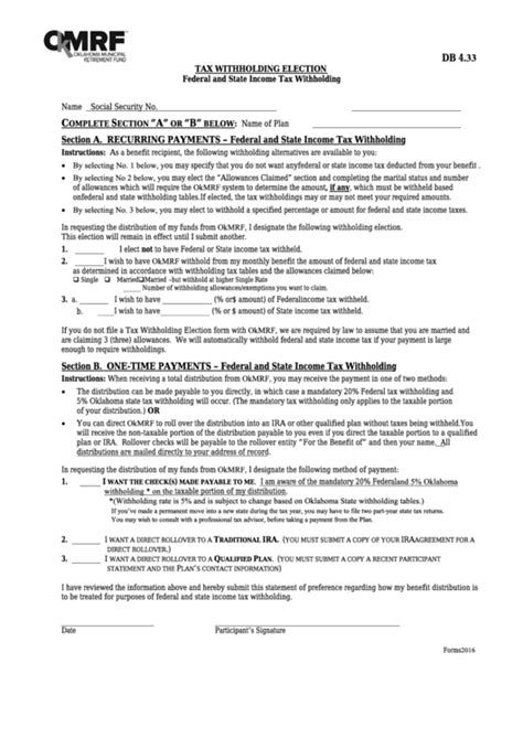 Fillable Form Db 4 33 Tax Withholding Election Federal And State Income Tax Withholding