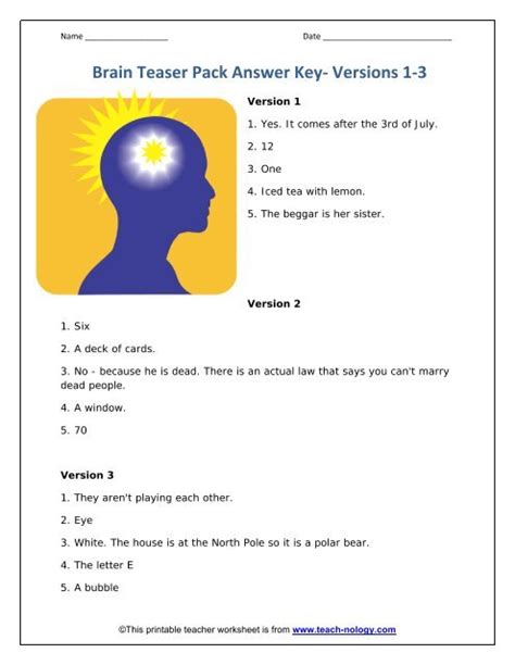 Brain Teaser Pack Answer Key Versions Teach Nology Worksheets