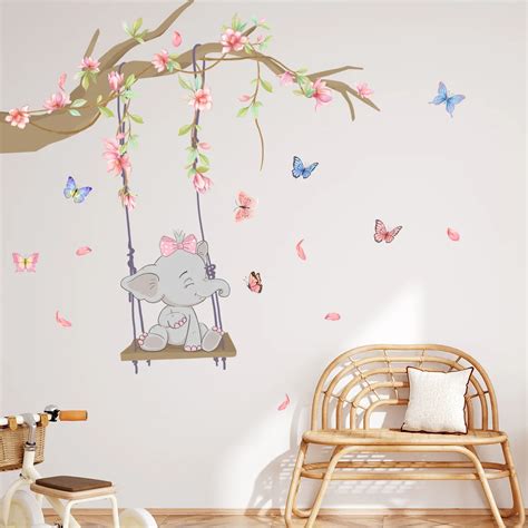 Pcs Cartoon Baby Elephant Swing Branch Wall Sticker Living Room