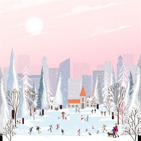 Winter City Landscape On Christmas With Happy Crowd People Celebrating