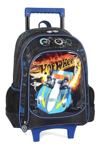 Mochila Escolar Rodinhas Carrinhos Hot Wheels Preta Luxcel Cor Azul