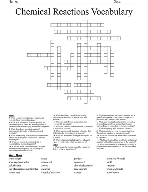 Chemical Reactions Vocabulary Crossword Wordmint