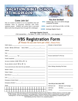 Fillable Online Vbs Registration Bformb Mcgregor Baptist Church Fax