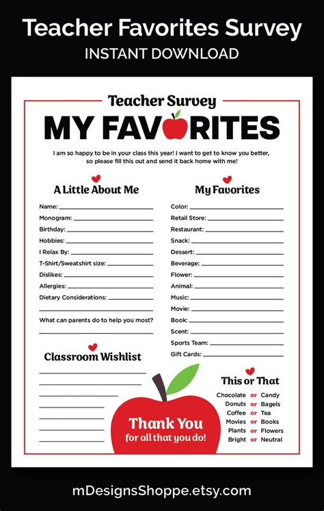 Teacher Favorites Survey Printable Teachers Favorite Things