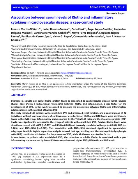 Pdf Association Between Serum Levels Of Klotho And Inflammatory