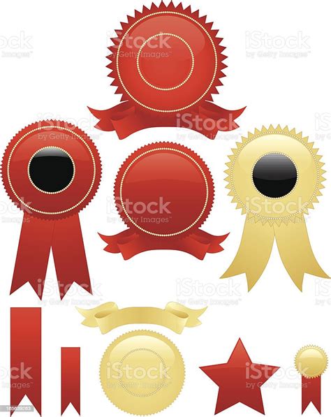 Shiny Red Or Gold Round Seals Stickers Set Optional Ribbons Stock