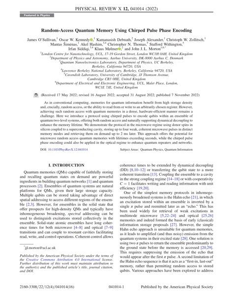 Pdf Random Access Quantum Memory Using Chirped Pulse Phase Encoding