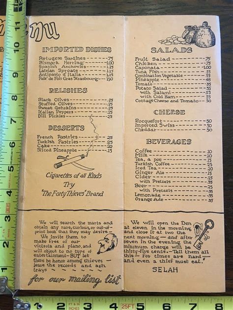 The Den Of The Forty Thieves 1926 Menu Clyde A Nordquist Detroit