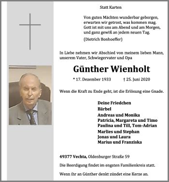 Traueranzeigen Von G Nther Wienholt Om Trauer De