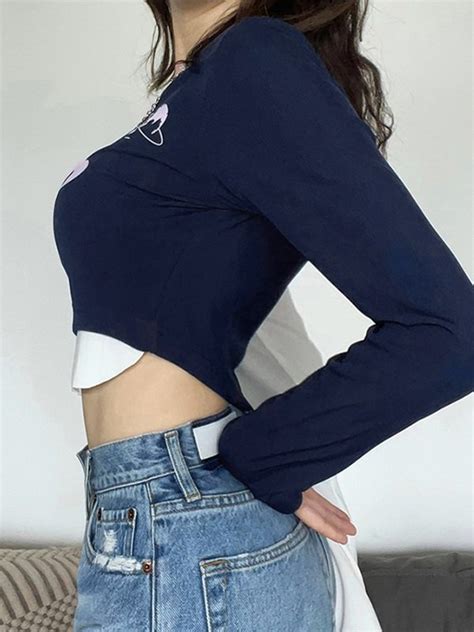 Emmiol Free Shipping Logo Graphic Patchwork Long Sleeve Crop Top