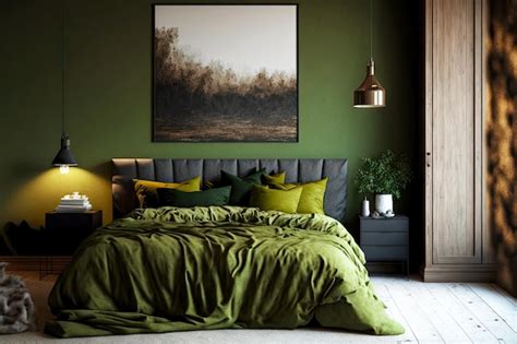 Premium Photo Green Bed Linen On Bed Next To Bedside Tables