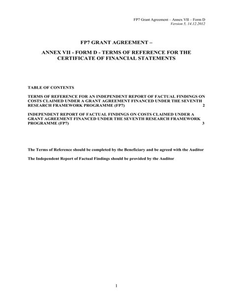 Fp Grant Agreement Annex Vii Form D