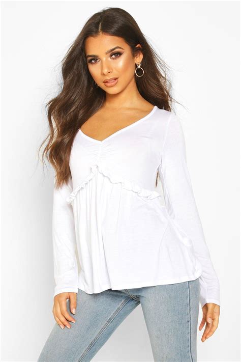 Ruffle V Neck Long Sleeved Peplum Top Free Clothes Peplum Top