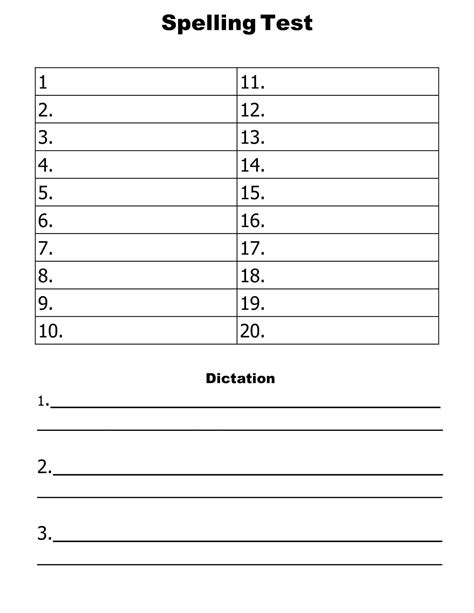 Free Printable Spelling Test Templates PDF 10 15 20 25 Words