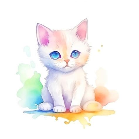 Un Dibujo De Acuarela De Un Gatito Blanco Con Ojos Azules Foto Premium