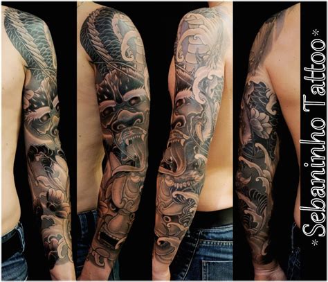 Tatouage Japonais Bras Entier Homme Dragon Et Masque Nô Ondeko Réalisé Par Sebaninho