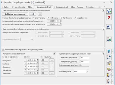 Formularz Danych Pracownika Zak Adka Ubezpieczenie Etat Baza