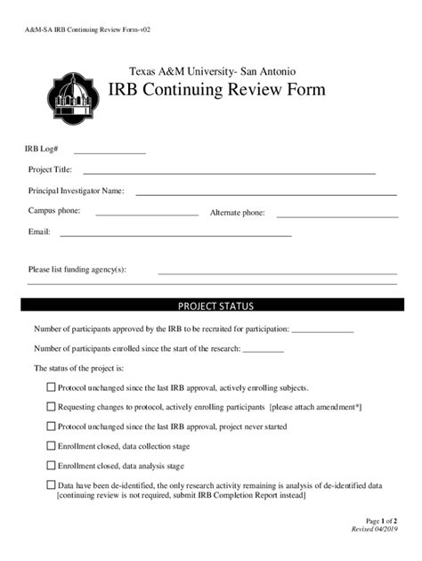 Fillable Online IRB Continuing Review Form 2019 IRB Continuing Review