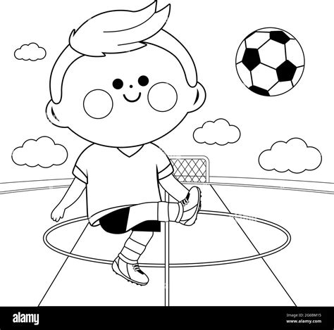 Niño jugando al fútbol Página de colores vectoriales en blanco y negro