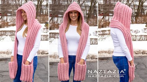 Crochet Hooded Scarf with Pockets - Naztazia