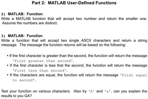 Solved Part 2 Matlab User Defined Functions Matlab Function Write A