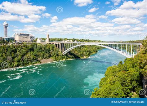 View Of Niagara River And The Rainbow Bridge On The Border Between USA