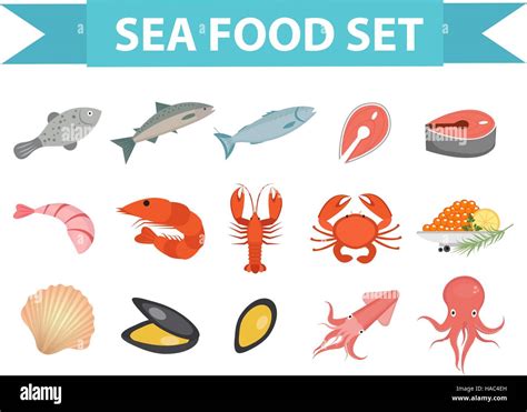 Seafood Icons Set Vector Flat Style Sea Food Collection Isolated On