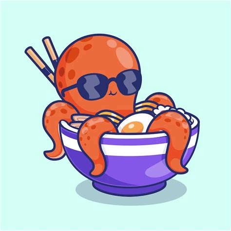 Premium Vector Cute Octopus In Ramen Noodle With Glasses Cartoon