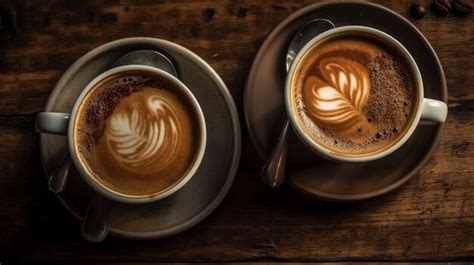 Premium AI Image Cups Cappuccino On A Wooden Surface Background