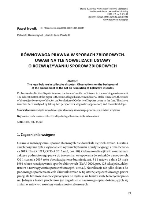 PDF Równowaga prawna w sporach zbiorowych Uwagi na tle nowelizacji