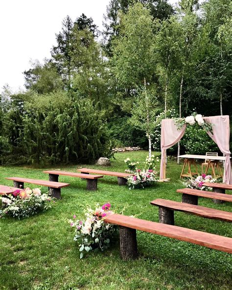 Rustic Outdoor Wedding Ceremony With Wooden Benches