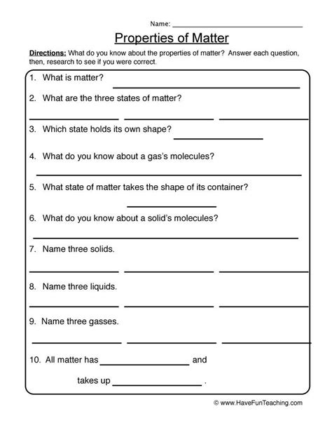 Properties Of Matter Printable Worksheets