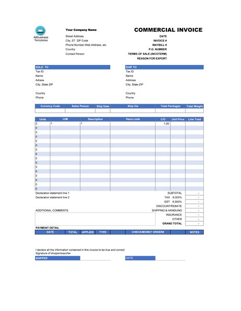 Commercial Invoice Excel Template