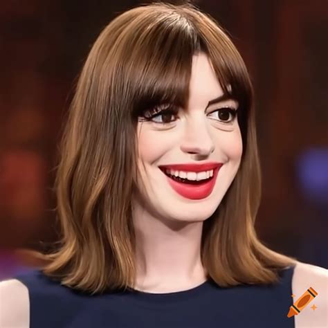 Anne Hathaway Gets A Bangs Trim On A Talk Show On Craiyon