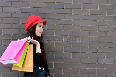 Asian Portrait Girl Has Happy And Smiling With Shopping Colorful Stock