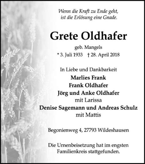 Traueranzeigen Von Grete Oldhafer Trauer Kreiszeitung De