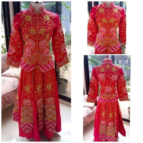 Traditional Red Embroidered Chinese Wedding Qun Kwa Xiu He Fu Women S