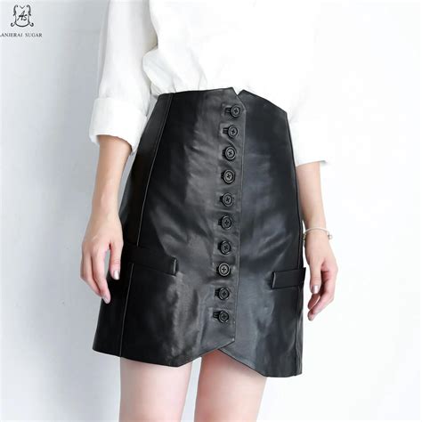 Autumn Genuine Leather Skirts Women New Black Sexy High Waist Single