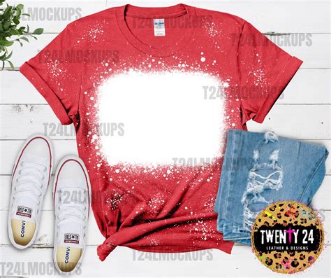 Gildan 64000 Heather Red Mockup Bleached T Shirt Mockup Bleached Red