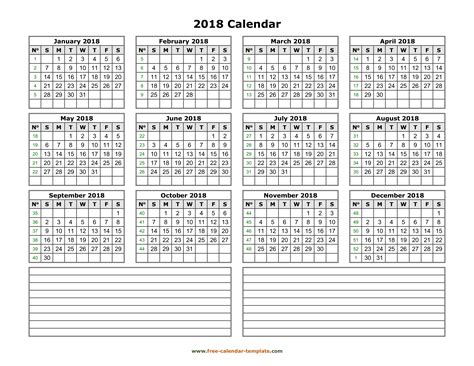 Yearly 2018 Calendar Printable With Space For Notes Free Calendar