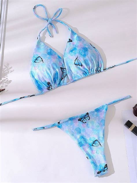 Emmiol Free Shipping 2024 Fantasy Print Halter Bikini Set Blue M In