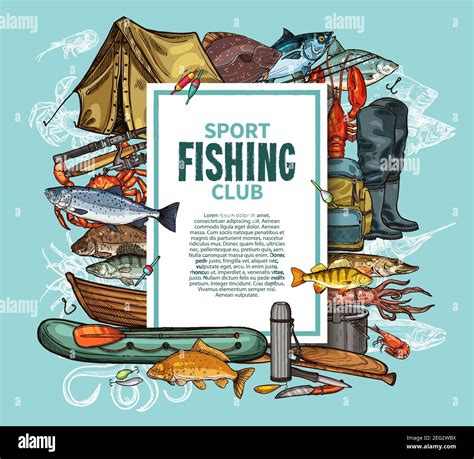 Fishing Sport Club Poster With Fish Catch And Fisherman Tool Sketch