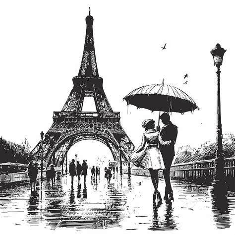 Premium Vector Loving Couple Under Umbrella Rain Paris Sketch Vector